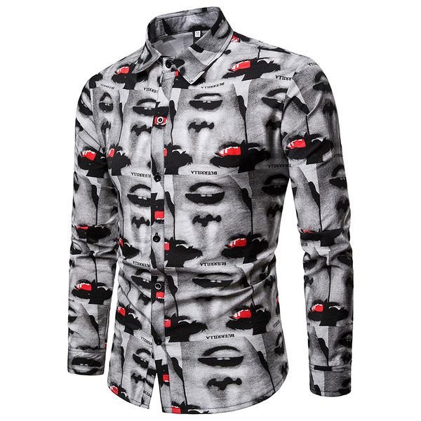 

2019 new youth slim shirt men's fashion print trend ladies face decoration gentleman dynamic men's lapel long sleeve shirts, White;black