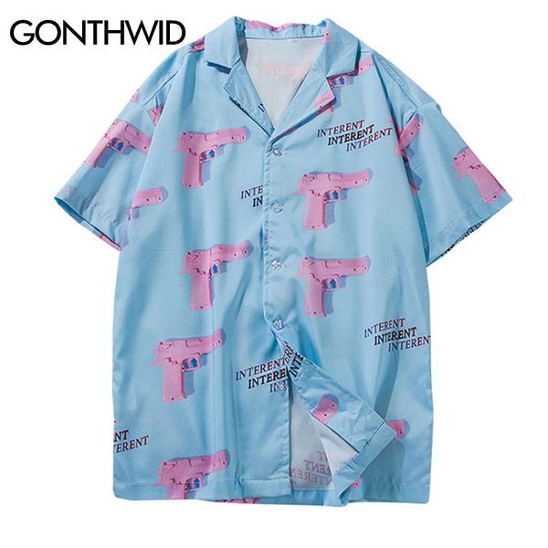 

gonthwid pistol gun print aloha hawaii beach shirts 2019 mens summer casual short sleeve streetwear hawaiian shirt fashion, White;black