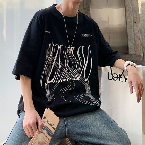 

2020 summer new youth popular loose men's simple printed five-point sleeve t-shirt fashion casual round neck pullover, White;black