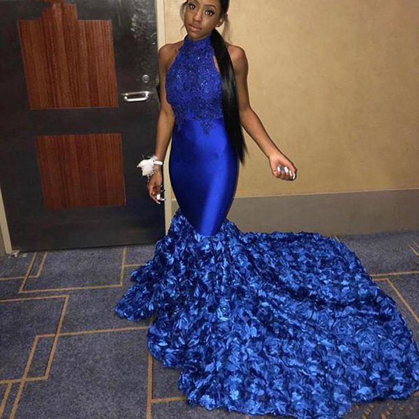 

long prom dresses mermaid 2020 high neck lace royal blue black girl evening dress flowers rose satin formal party gowns