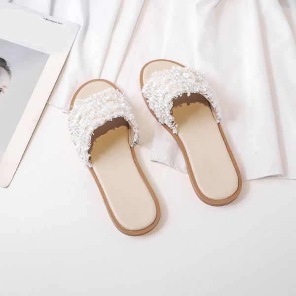 

shoes string bead slippers casual slipers women summer woman slides low 2020 soft beach flat fashion pu scandals, Black