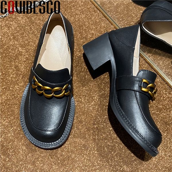 

covibesco quality fashion metal decoration handmade shoes for women genuine leather thick heels pumps working office shoes woman, Black