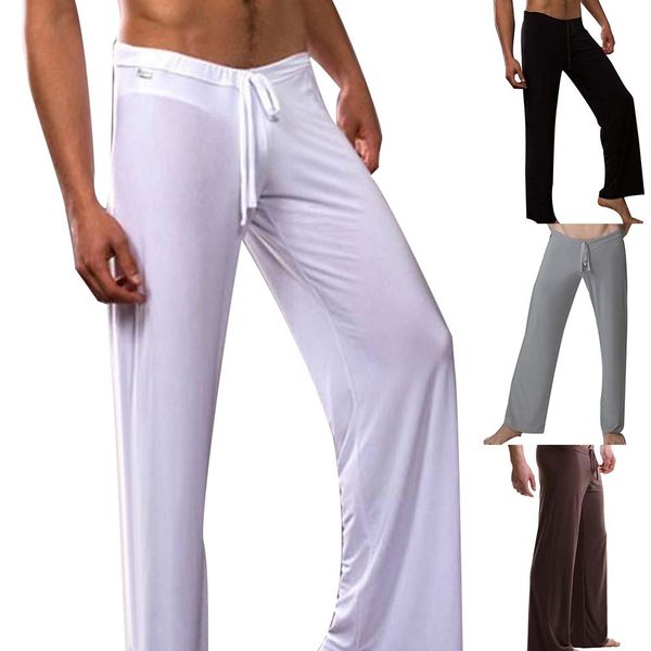 

casual men solid color drawstring homewear yoga pants loose pajama trousers, Black