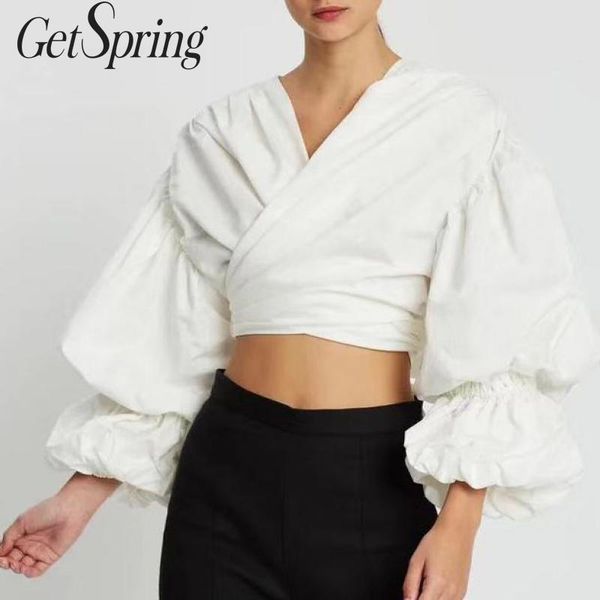 

getspring women shirt v-neck lantern sleeve short cotton womens blouses vintage white blouse women 2019 new fashion