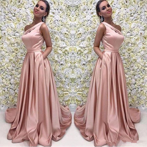 

rose gold long prom dresses elegant one shoulder sleeveless floor length satin evening dresses formal bridesmaid gowns with pockets z54, Black;red