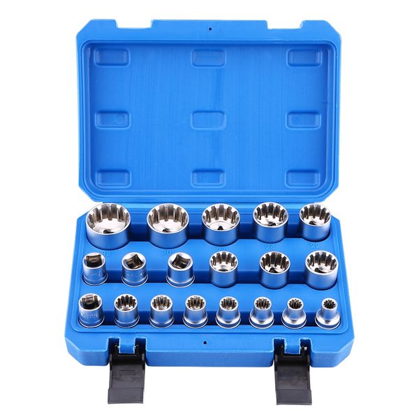

19pcs 1/2" drive 6 12 point hex torx splined bit socket set repair tool kit m8-m32 chrome vanadium steel