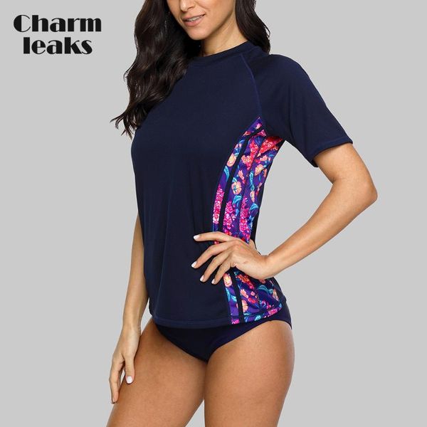 

charmleaks short sleeve women rashguard shirt floral print quick-drying rash guard upf 50+ surfing running biking shirt