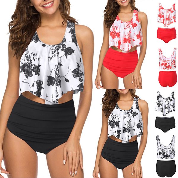 

2019 women two piece plus size backless halter beach printed swimwear set, White;black