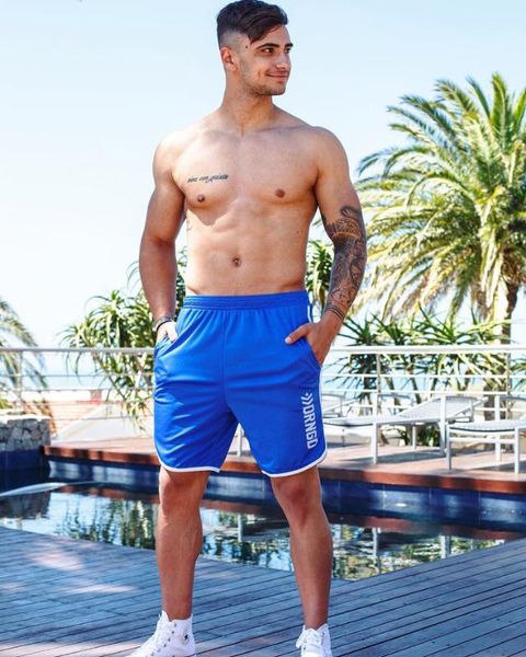 

muscle summer brothers new mesh fitness exercise breathable running shorts beach pants 5-point pants, Black;blue