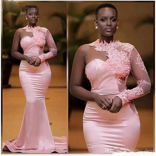 

balck девушки африканских blush pink русалка вечерние платья одно плечо аппликация кружева с длинными рукавами выпускного вечера платья парт, Black;red