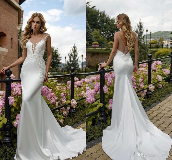 

elegant satin mermaid wedding dresses sheer scoop neck backless brides reception dress embroidered lace garden robes de mariee, White