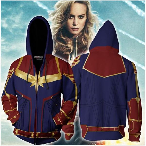 

captain marvel cosplay new look zip up hoodie jacket 3d prints new men women cardigan hooded sport halloween sweatshirts, Black