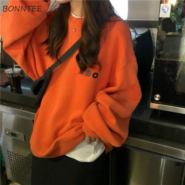 

hoodies women o-neck simple korean style thicker warm loose long sleeve pullover students harajuku streetwear womens casual chic, Black