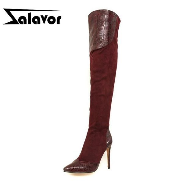 

zalavor plus size 33-46 women high heel boots patchwork pointed toe warm fur shoes women thin heel boots lady footwear, Black
