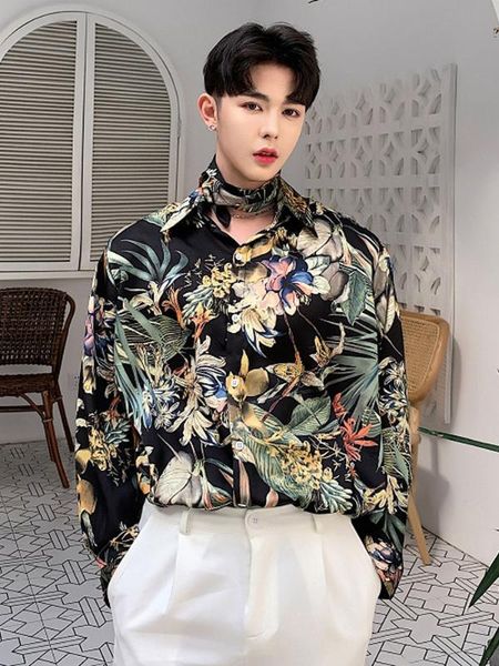 

men casual long sleeve flower shirt male fashion male harajuku vintage tie bow dress shirts stage nightclub party clothing, White;black