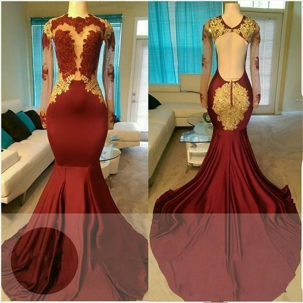 

Dark Red Long Sleeve Prom Dresses Long Jewel Neck Sheer Satin With Gold Lace Applique Backless Mermaid Plus Size Evening Gowns Party Dress