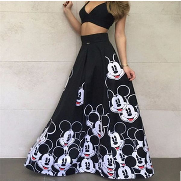

fashion maxi long skirt women 2019 long elastic high waist muslim kawaii female elegant pleated printed cartoon skirts, Black