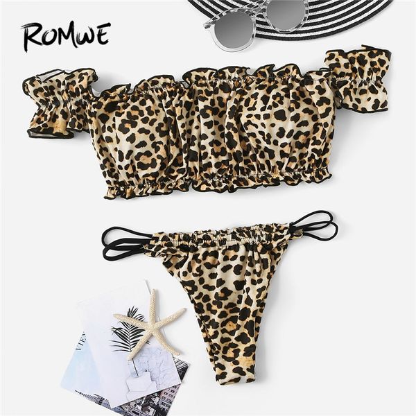 

romwe sport leopard bardot with tanga bottoms bikini set summer wire padded beach vacation women swimsuit