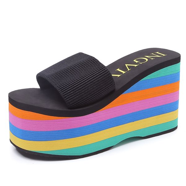 

womens shoes summer rainbow colors soles wedge super high heel platform beach flip flops slippers sandals black pink white a305