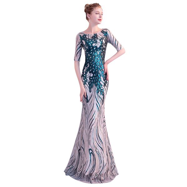 

mermaid scoop neck evening dresses with embroidery 2020 half sleeves prom gown robe de soiree, Black;red
