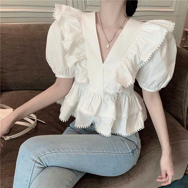 

zosol tassel falbala splicing v-neck hubble-bubble sleeve shirt waist, White