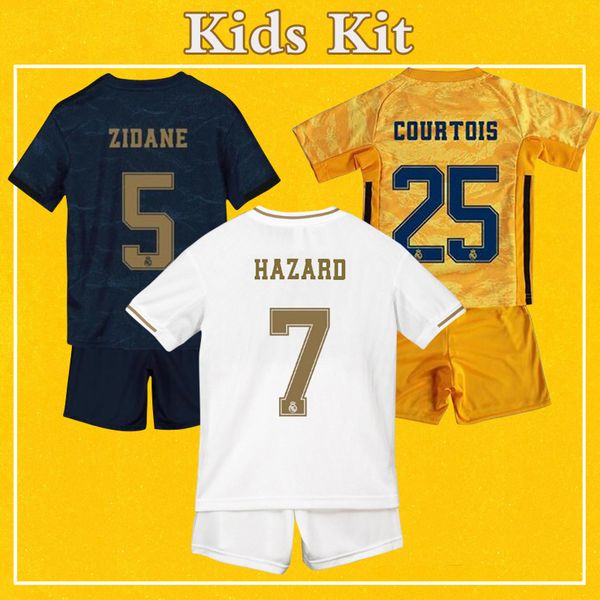 

Real madrid kid kit occer jer ey 2020 home away third goalkeeper boy football uniform 19 20 hazard maillot children youth occer et