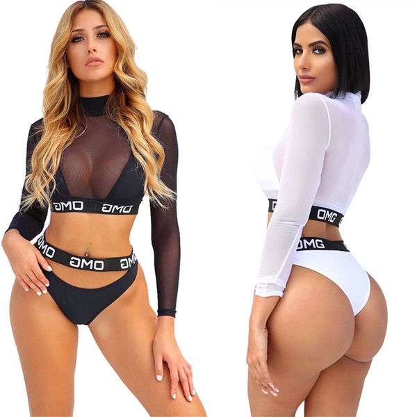 

swimsuit women two pieces letter mesh bikini push up 2019 mujer swim bikini set thong swimwear separate bathing suit, White;black