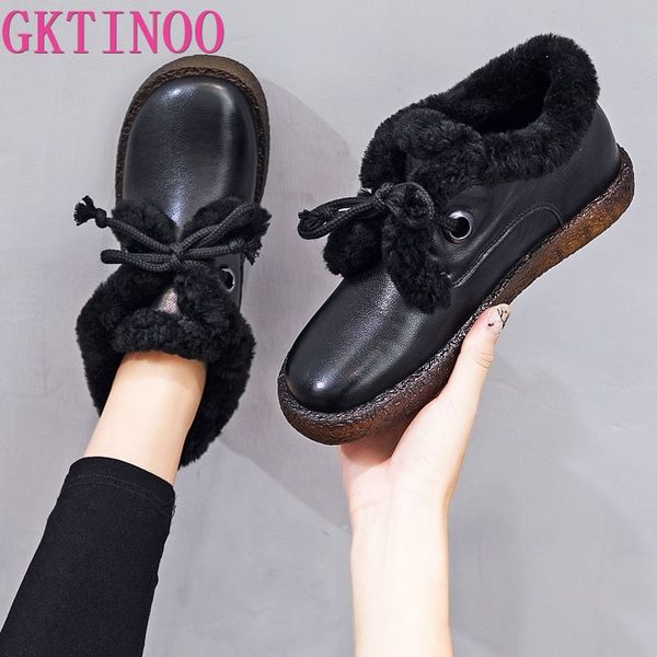 

gktinoo winter female plus velvet genuine leather shoes snow platform boots women thermal cotton-padded shoes flat ankle boots, Black
