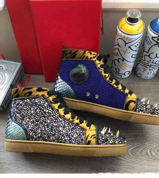 

luxury design men sneakers red bottom casual shoes gradient leather+rivet red sole robber bottom spikes high cut party wedding dress tra, Black