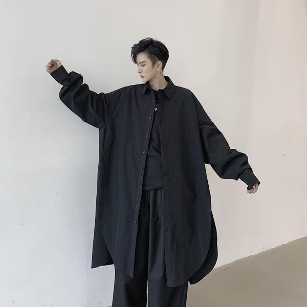 

men long sleeve loose side button casual long shirt cardigan male japan streetwear hip hop party dress shirt coat stage costumes, White;black