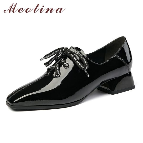 

meotina high heels women shoes natural genuine leather thick heel shoes cow patent leather square toe pumps lady autumn size 39, Black