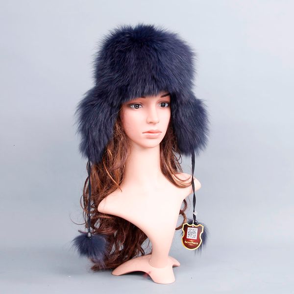 

реальный лисий мех шляпа для женщин роскошные теплые зимние лисий мех шапка подлинная енот мех твердые новый толстый женский cap бомбардиров, Blue;gray