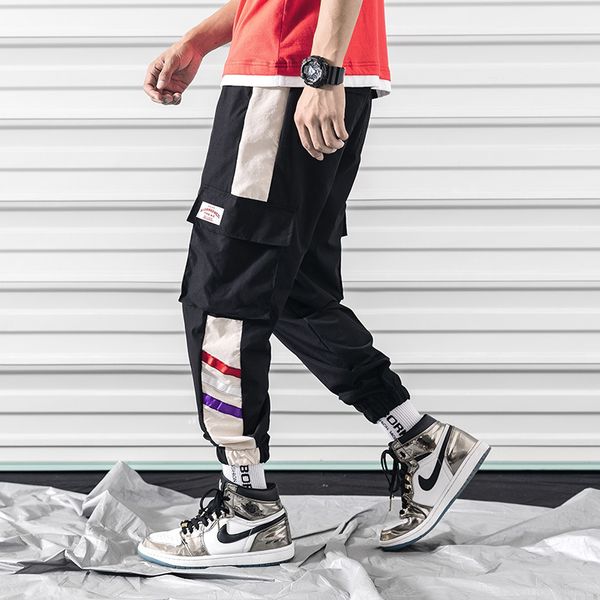 

2019 pockets cargo pants men color patchwork casual jogger fashion tactical trousers tide harajuku streetwear, Black