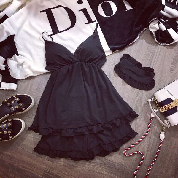 

226 # pajamas female summer korean-style camisole with chest pad-black, short sleeve two-piece set home wear, Black;red