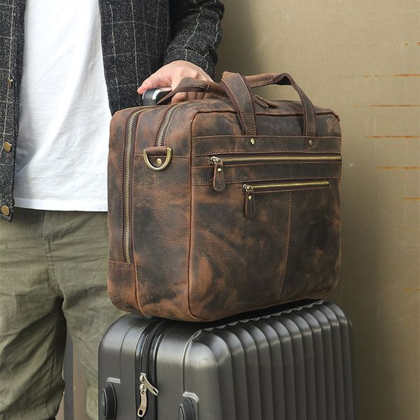 

large genuine leather briefcase mens 15.6'' lapbusiness tote men travel shoulder bag crazy horse leather messenger bag