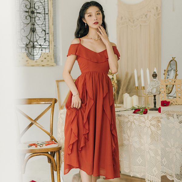 

japanese mori girl summer dress women spaghetti straps retro brick red long chiffon dresses ruffles, Black;gray