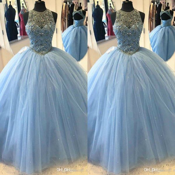 Abito da ballo azzurro Abiti Quinceanera 2019 Abiti da 16 dolci Abito sexy per occasioni speciali con perline vuote e paillettes in tulle