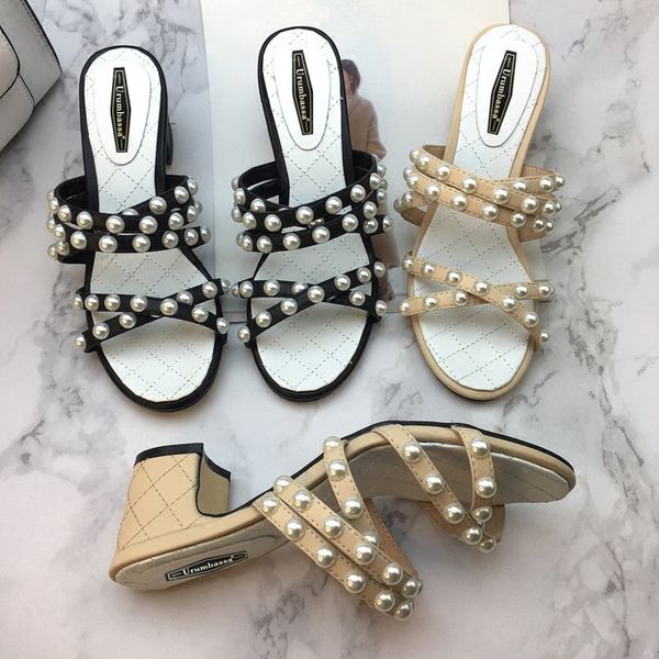 

2019 summer women's pearls sandals chic elegant high heel slippers shoes eu35-41 size by676, Black