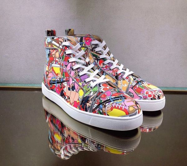 

designers orlato super loubi print graffiti patent casual flat,20s red bottom high men sneakers perfect-brands outdoor sport, Black