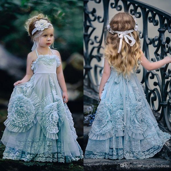 2022 Mavi Halter Çiçek Kız Elbise Özel Durum Düğün için Fırfır Kat Uzunluk Dantel Parti Cemaat Elbise Toddler için