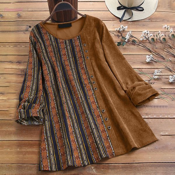 

vintage corduroy blouse shirt women stripe print patchwork long sleeve plus size 5xl blouses roupa feminina 2020 @45, White