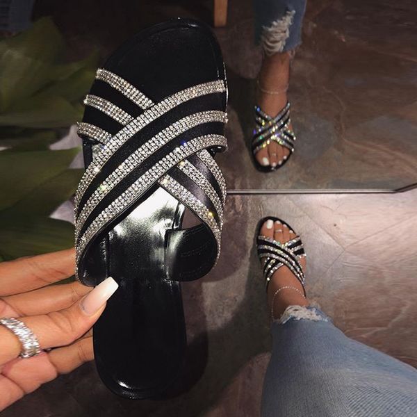 

slippers women outside wild beach ladies leisure home travel flip flop spring/summer 2021 rhinestone buckle sandals, Black