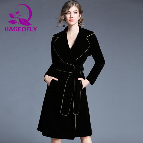 

autumn winter long velour trench women gold striped suit turn-down collar belt long sleeve knee length black coat women's trench, Tan;black