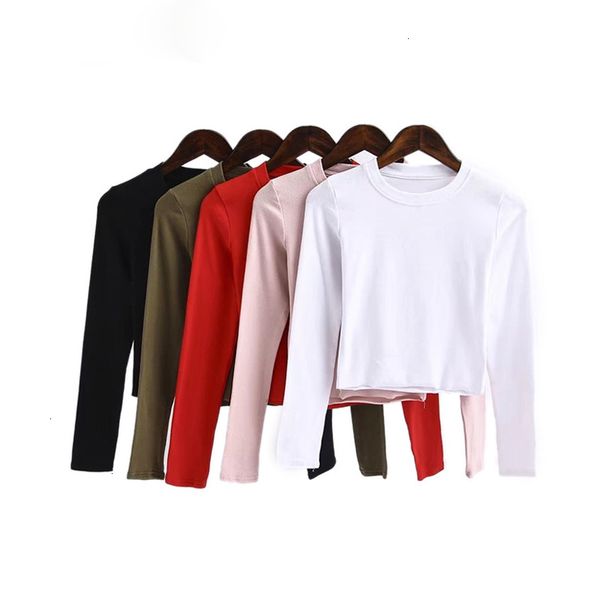 

women shirt women fashion solid crop women spring long sleeve t shirt girl o neck stretch slim short tee casual, White