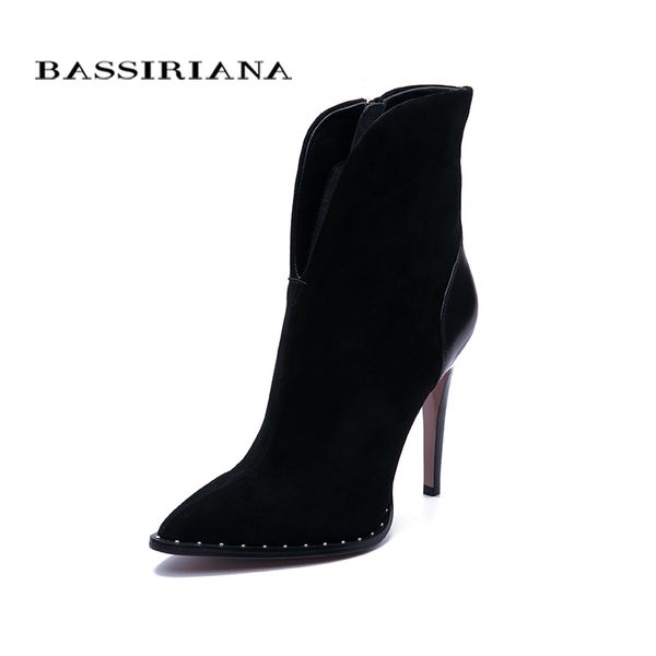 

bassiriana 2019 new fashion women boots zip high heels boots lady pointed toe color black size 35-40