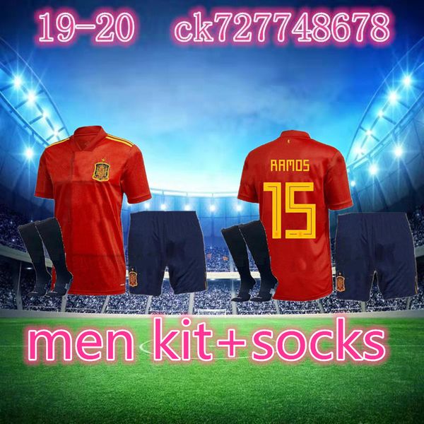 

men kit+socks 2020 spain soccer jersey men kit+socks red 20 21 camiseta de fÃºtbol sergio a.iniesta koke asensio silva isco football unifor, Black;yellow