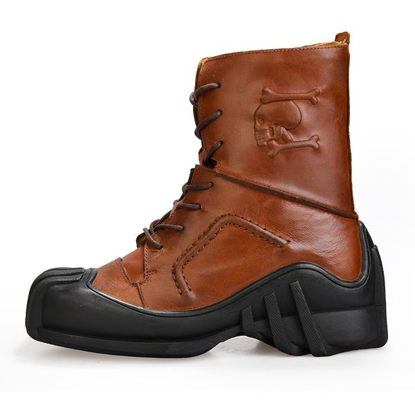 

2020 new fashion big size men's skull boots cowhide genuine leather martin boots punk style mens shoes winter 11#20/20d50, Black