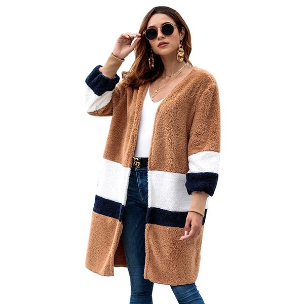 

2018 autumn and winter long sleeve loose sweater long cardigan patchwork pattern plush jacket d206, Black;brown