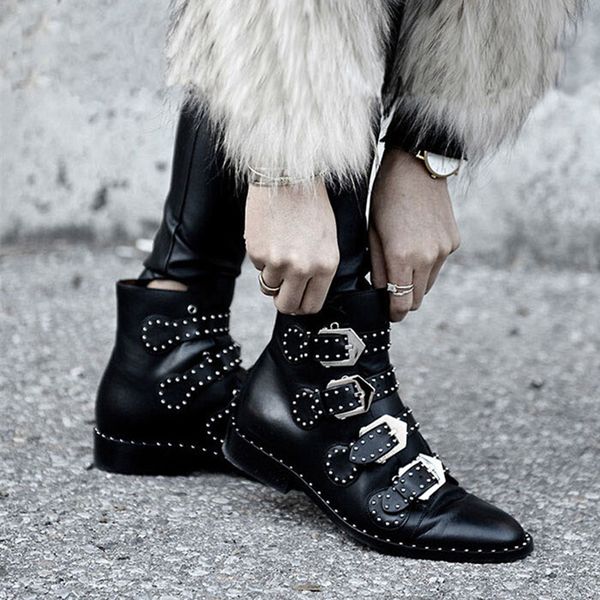 

jrnnorv rivets faux leather booties buckle straps thick heel black ankle women boots rrivet woman boots motorcycle footwear
