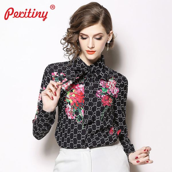 

peritiny vintage blouses for women tie neck long sleeve turn-down collar women workwear modern lady floral vintage mx19070501, White